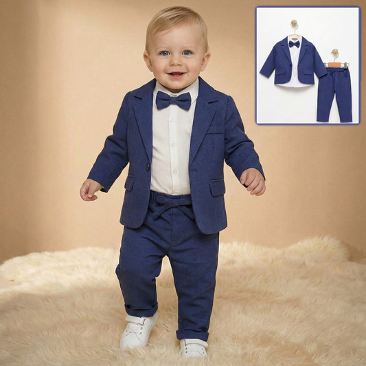 Blue Baby Boy Formal Suit – 4-Piece Set with Blazer, Shirt, Pants & Bow Tie