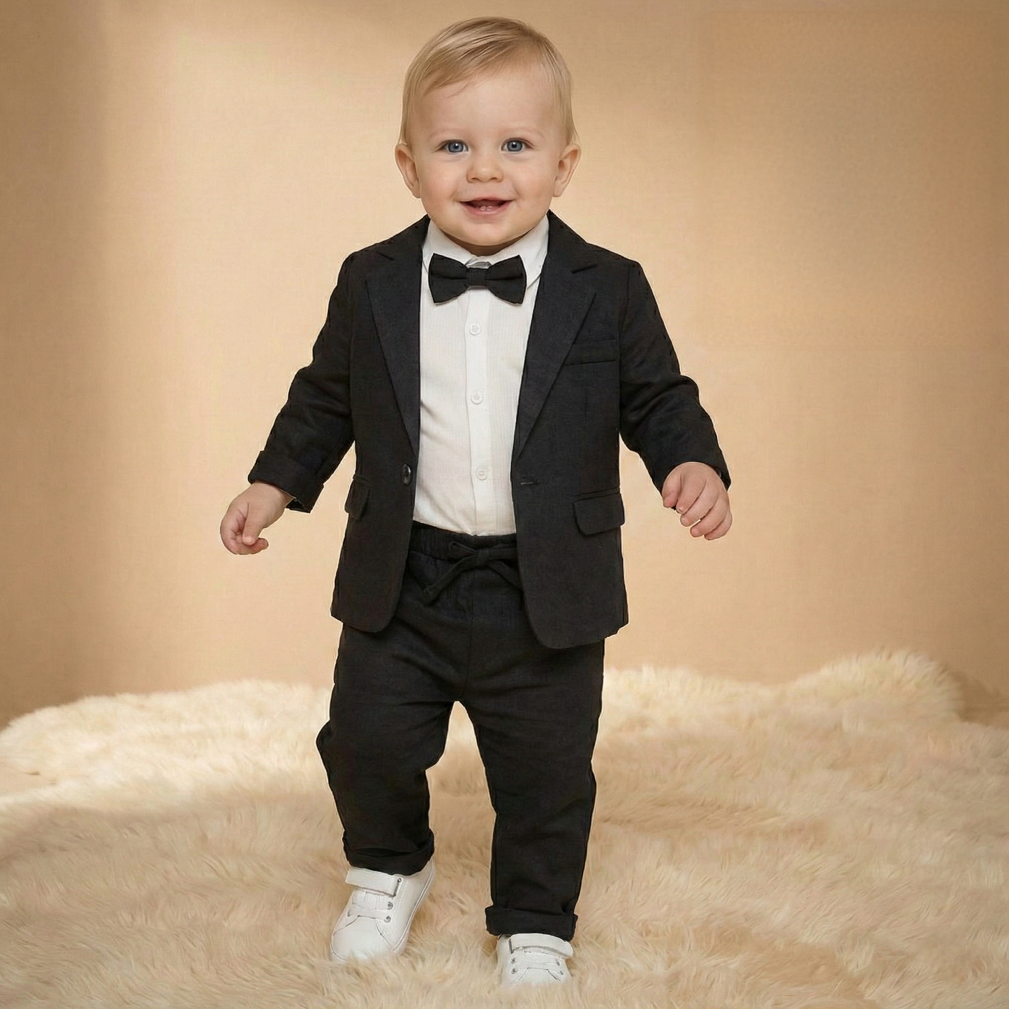 Black Baby Boy Formal Suit – 4-Piece Set with Blazer, Shirt, Pants & Bow Tie