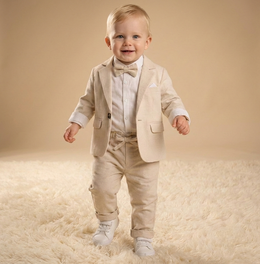 Beige Baby Boy Formal Suit – 4-Piece Set with Blazer, Shirt, Pants & Bow Tie