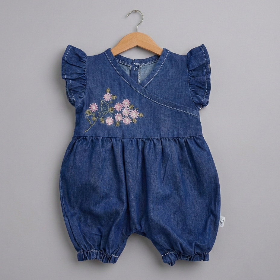 Denim Blossom Charm – Baby Girl Romper