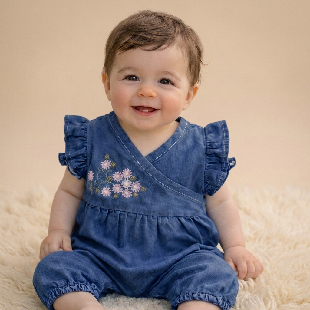 Denim Blossom Charm – Baby Girl Romper