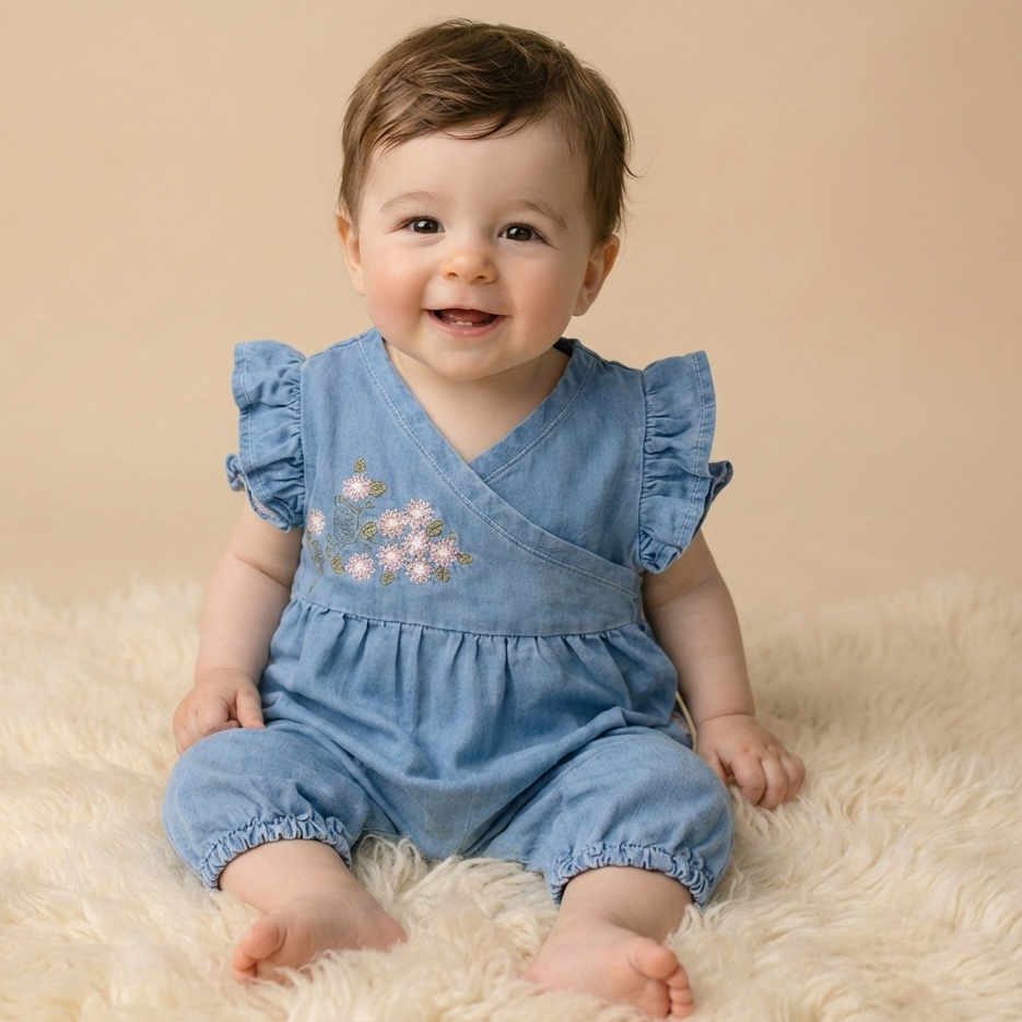 Blue Denim Blossom – Baby Girl Romper
