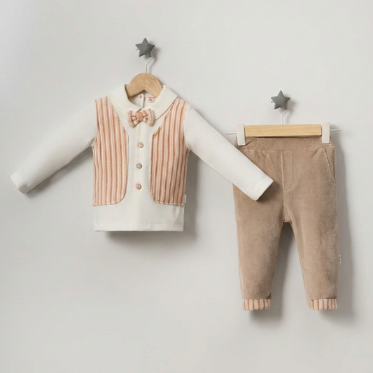 Cream & Brown Toddler Outfit – 2-Piece Set with Vest-Shirt & Pants
