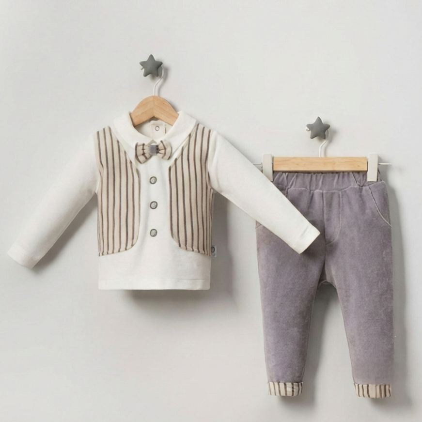 Gray & Beige Toddler Outfit – 2-Piece Set with Vest-Shirt & Pants