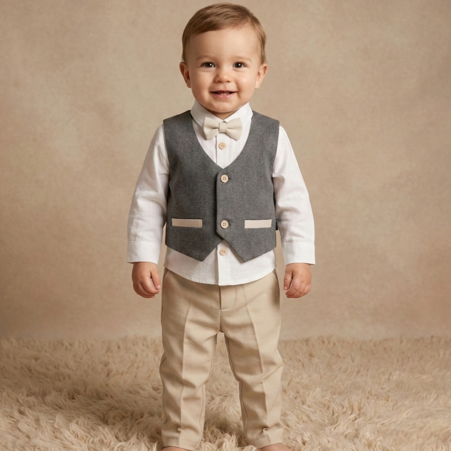Grey & Beige Toddler Formal Outfit – 4-Piece Set