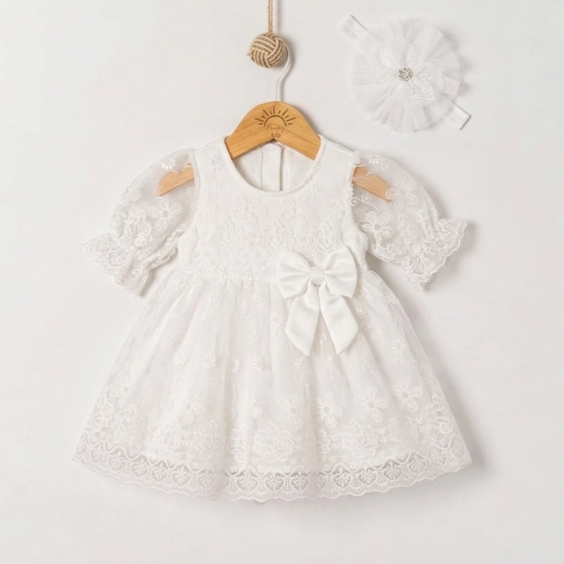 Baby Girl White Floral Lace Tutu Dress with Matching Headband