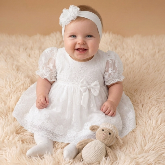 Baby Girl White Floral Lace Tutu Dress with Matching Headband