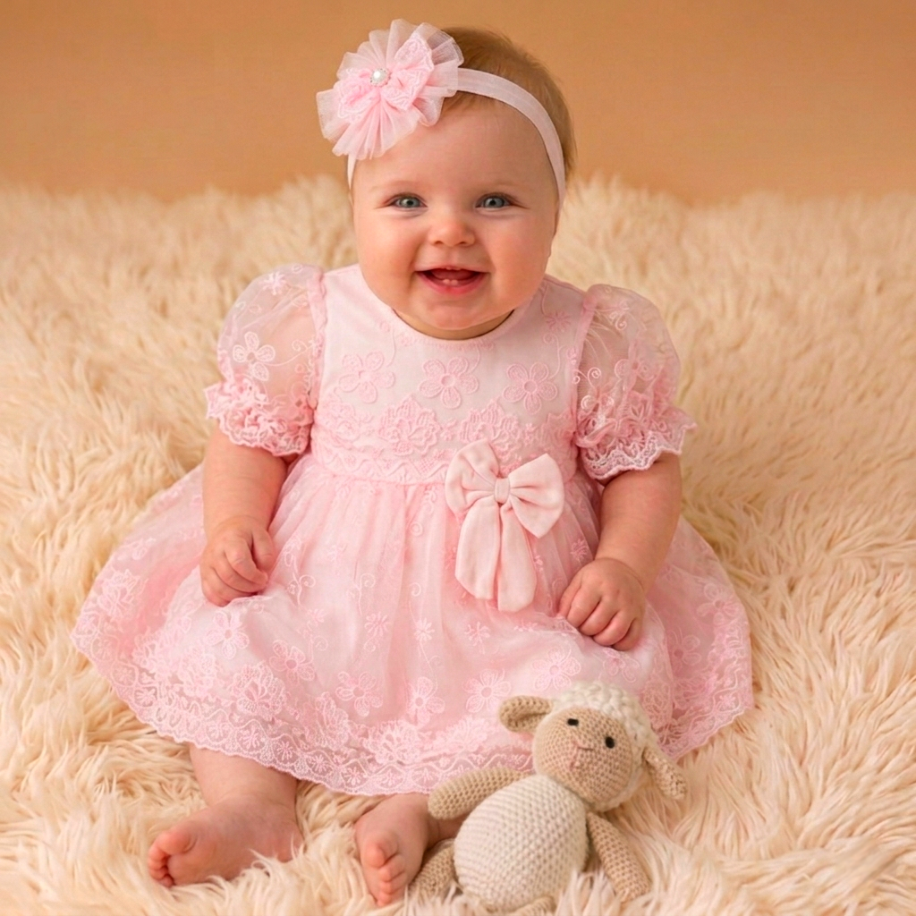 Vintage Pink Floral Lace Baby Party Dress & Headband Set