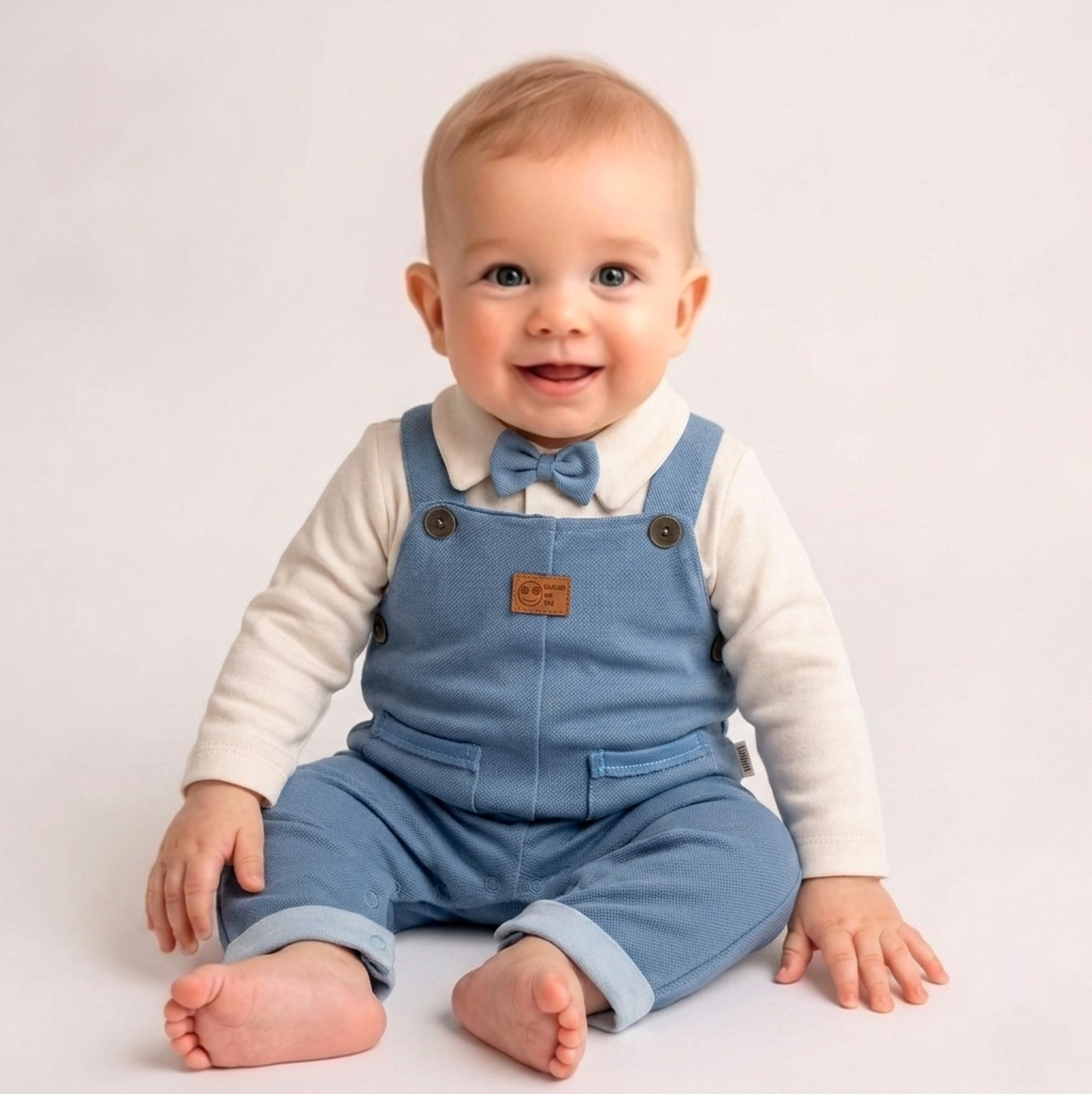 Blue Suspender Baby Outfit with Bow Tie – Classic Formal Set for Boys