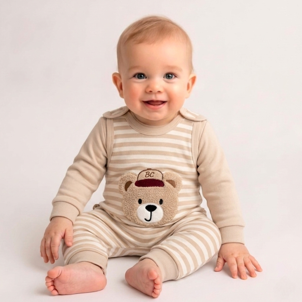 Striped Bear Baby Romper – Beige & Cream Infant Outfit