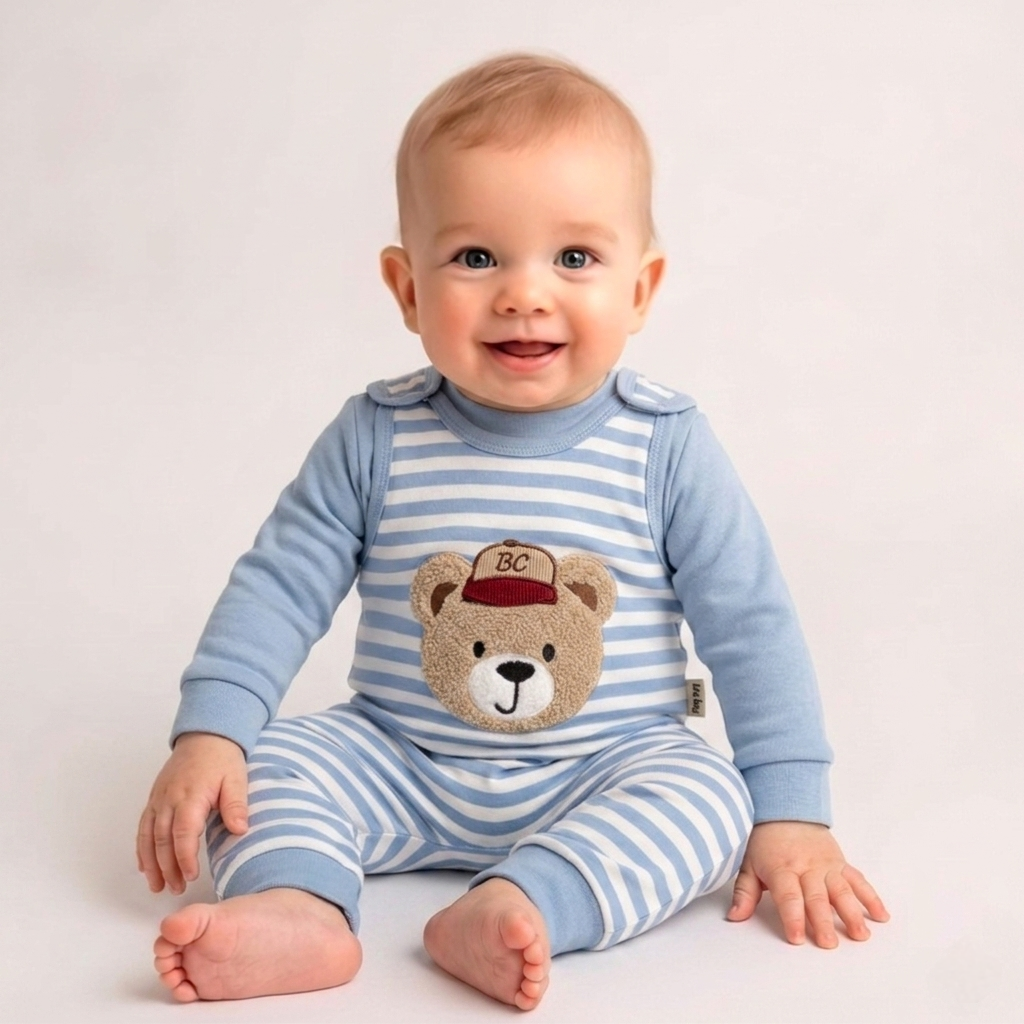 Blue Striped Bear Baby Romper – Cozy Infant Outfit