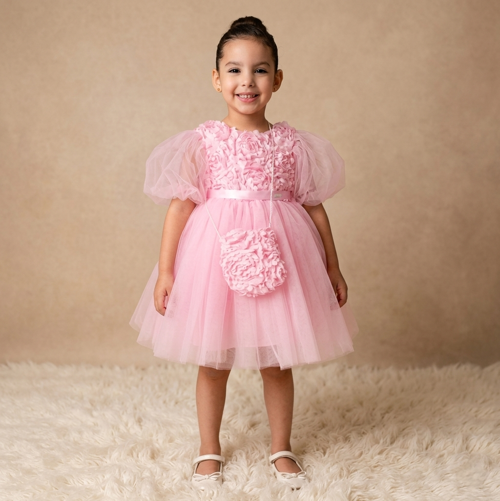 Pink Baby Girl Rosette Dress with Cross-bag – Tulle & Purse Set