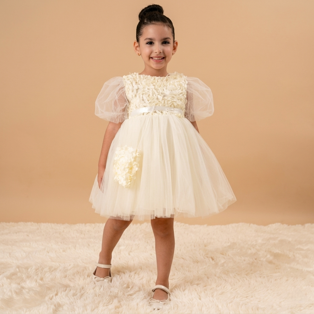 Cream Baby Girl Rosette Dress with Cross-bag  – Tulle & Purse Set