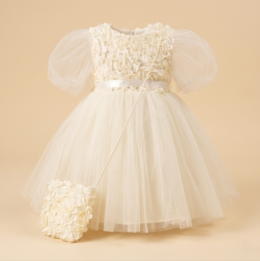 Cream Baby Girl Rosette Dress with Cross-bag  – Tulle & Purse Set