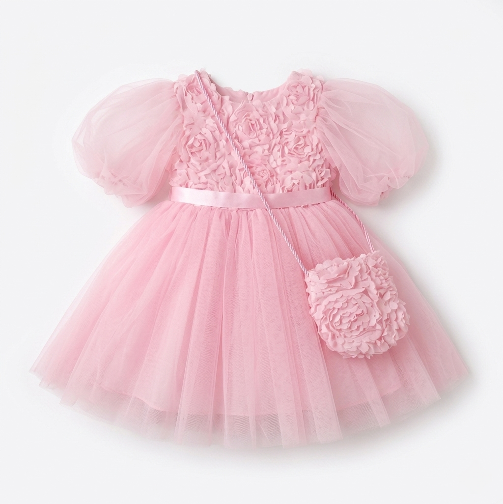 Pink Baby Girl Rosette Dress with Cross-bag – Tulle & Purse Set
