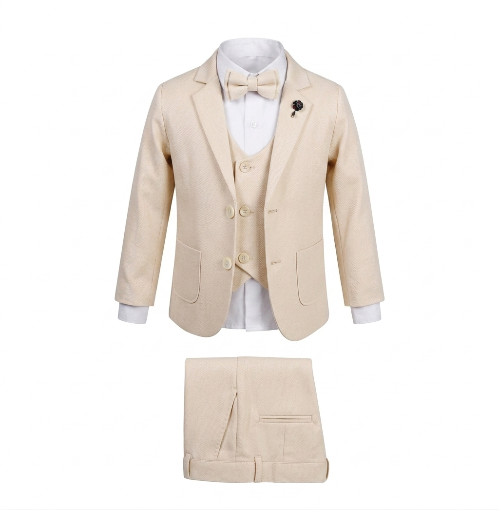 Beige Baby Formal Suit Set – Blazer, Vest & Bow Tie