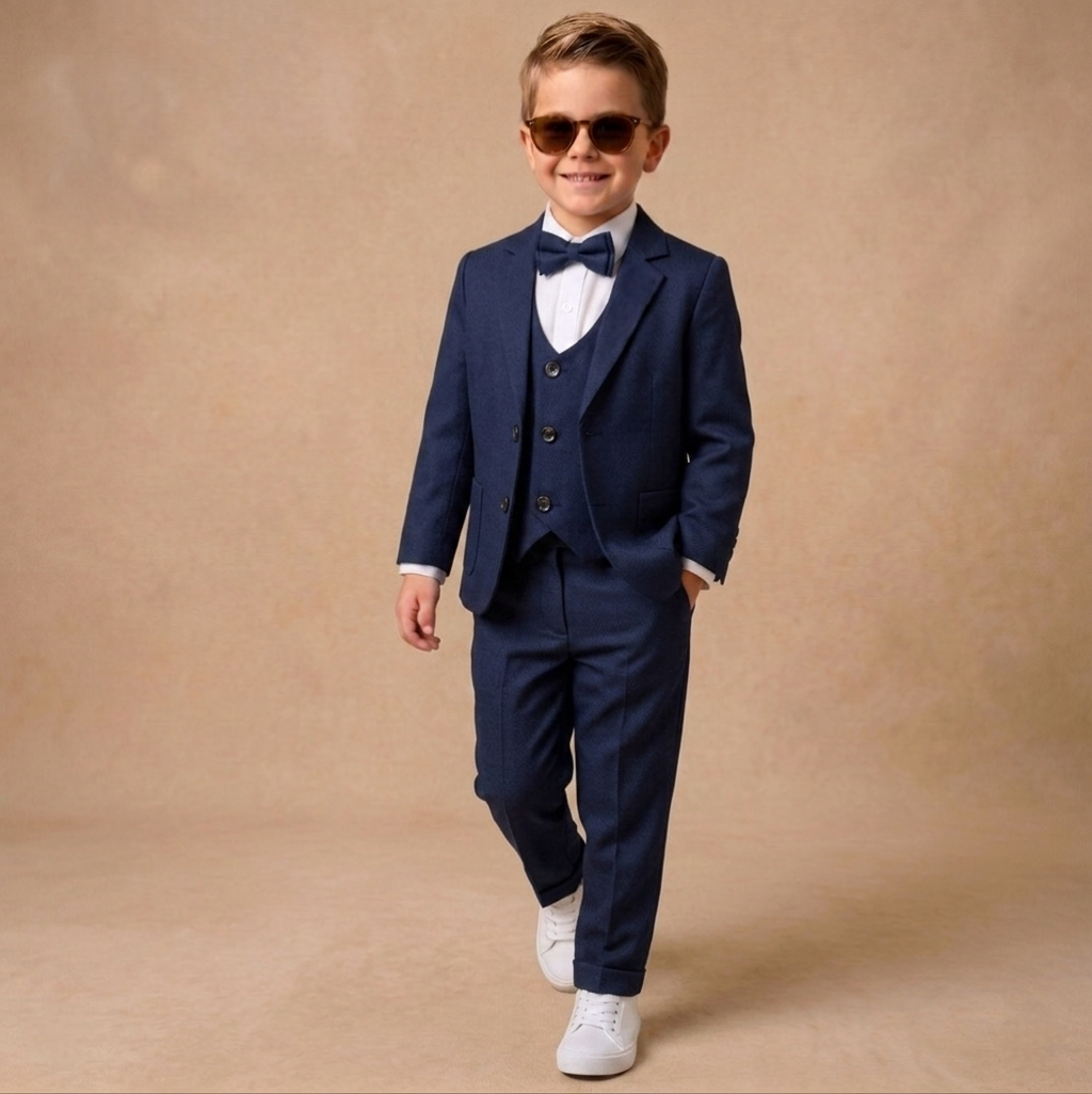 Navy Blue Baby Formal Suit – Blazer, Vest & Bow Tie