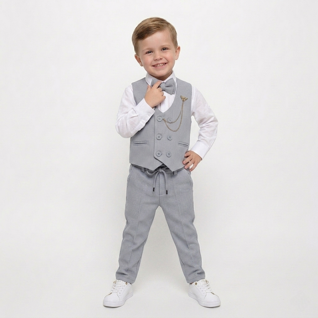 Gray Baby Vest Suit – Double-Breasted Formal Set with Chain