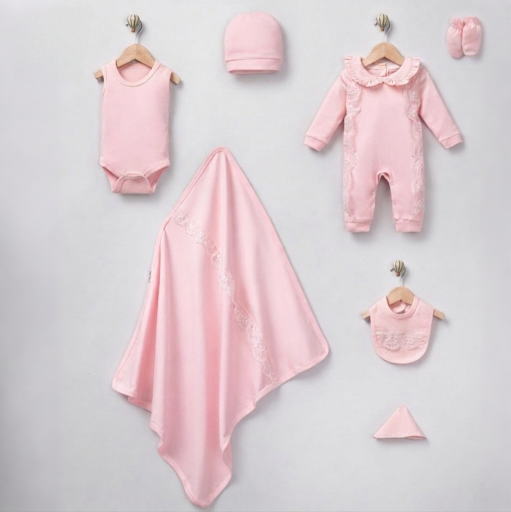Pink Newborn Girls Outfit 7 Pcs Set – Lace Romper, Hat & Blanket
