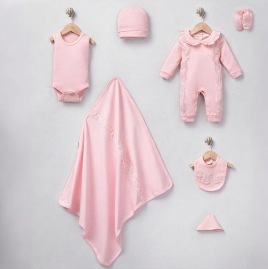 Pink Newborn Girls Outfit 7 Pcs Set – Lace Romper, Hat & Blanket