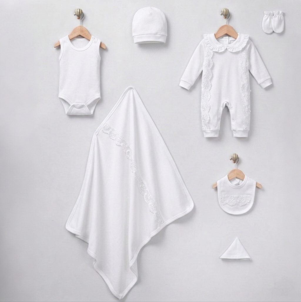 White Newborn Girls Outfit 7 Pcs Set – Lace Romper, Hat & Blanket