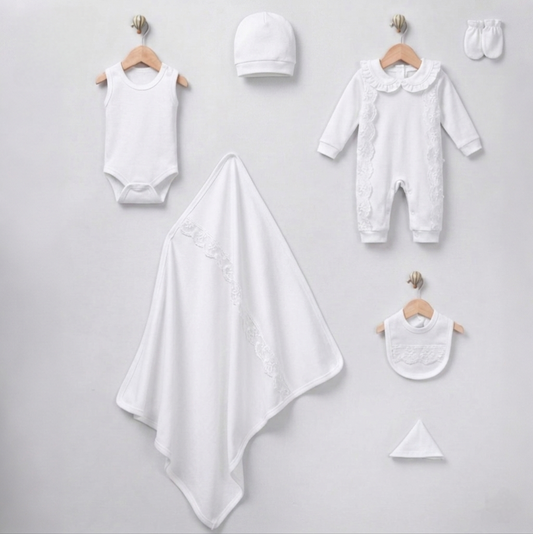 White Newborn Girls Outfit 7 Pcs Set – Lace Romper, Hat & Blanket