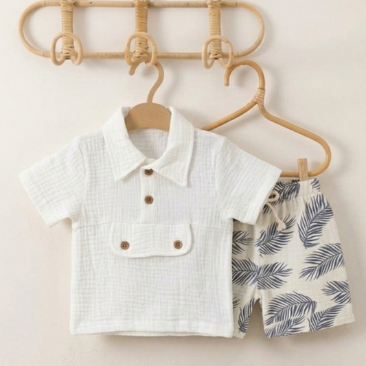 “Seaside Breeze” Baby Summer Set – Collared Shirt & Leaf Shorts