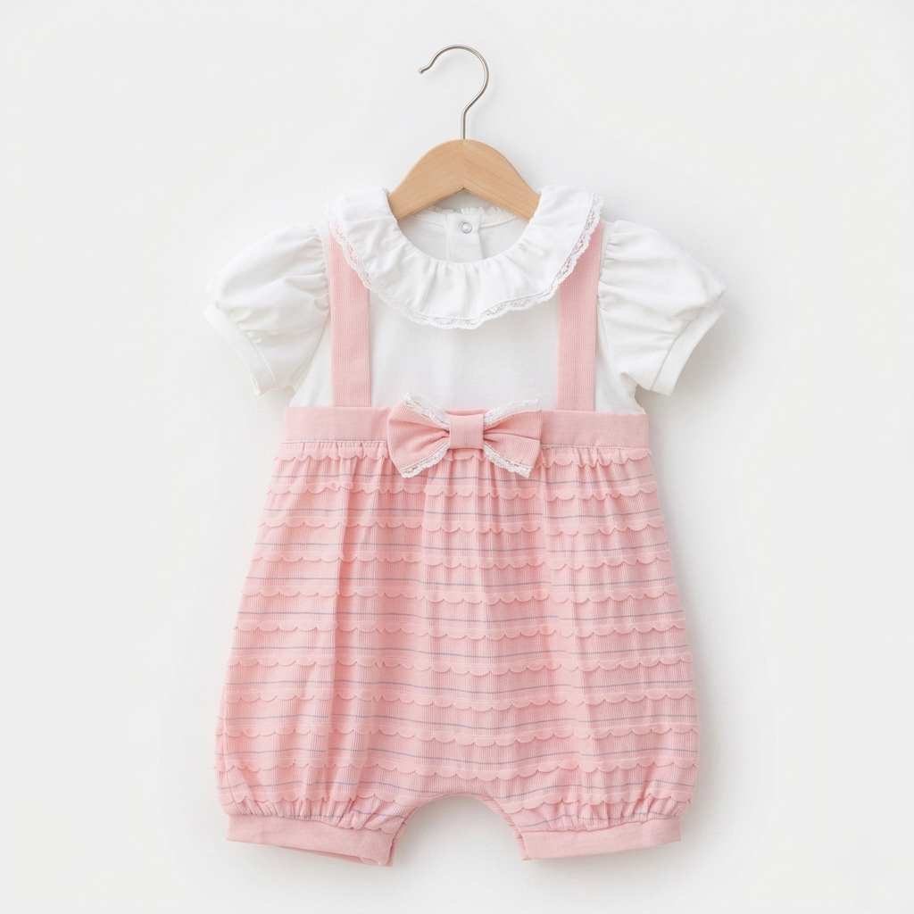 “Rosette Whispers” Baby Romper Set – Lace Collar & Bow Detail