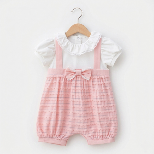 “Rosette Whispers” Baby Romper Set – Lace Collar & Bow Detail