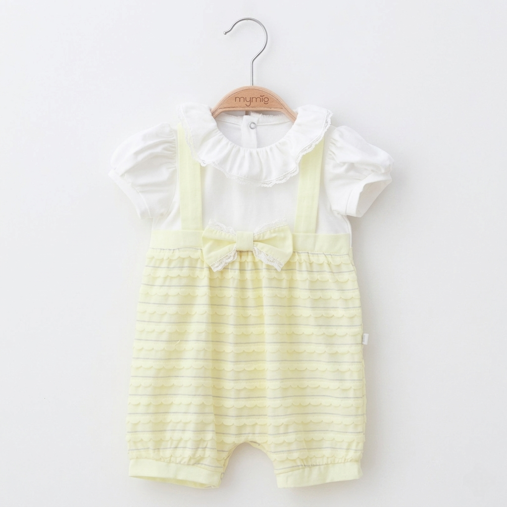“Golden Bloom” Baby Romper Set – Lace Collar & Bow Detail