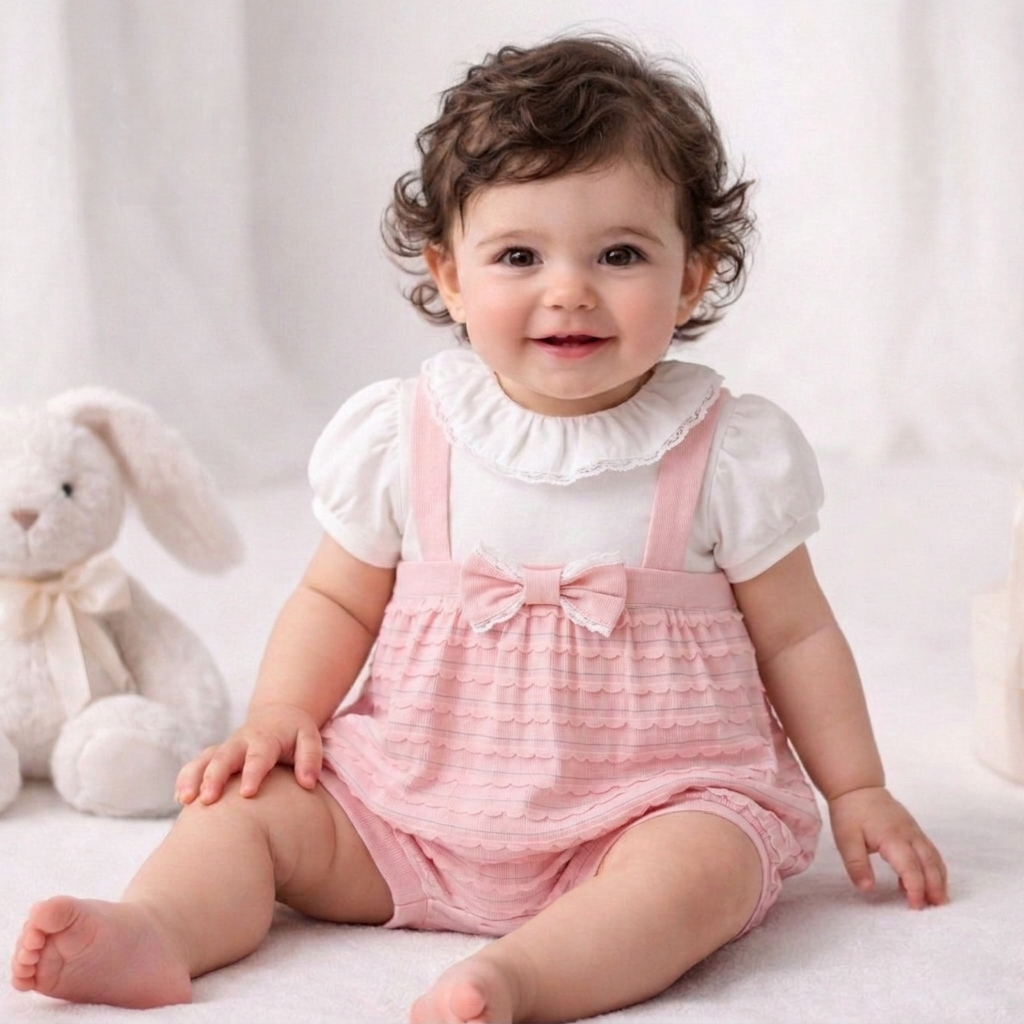 “Rosette Whispers” Baby Romper Set – Lace Collar & Bow Detail