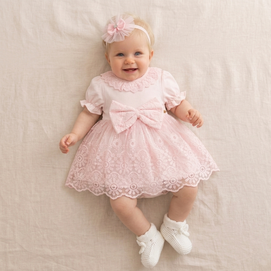 Pink Baby Girl Lace Dress – Bow & Headband Set