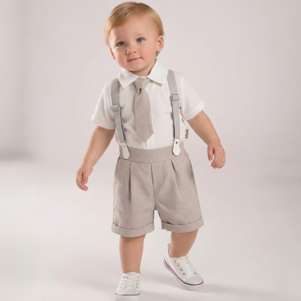 “Silver Sprout” Baby Formal Set – Shirt, Suspenders & Shorts