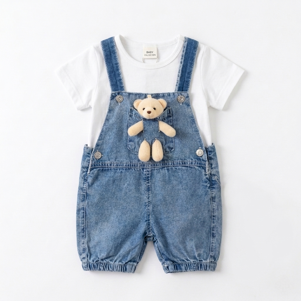 “Bear Buddy” Baby Overall Set – Denim & Tee with Plush Friend