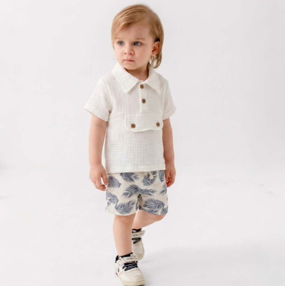 “Seaside Breeze” Baby Summer Set – Collared Shirt & Leaf Shorts