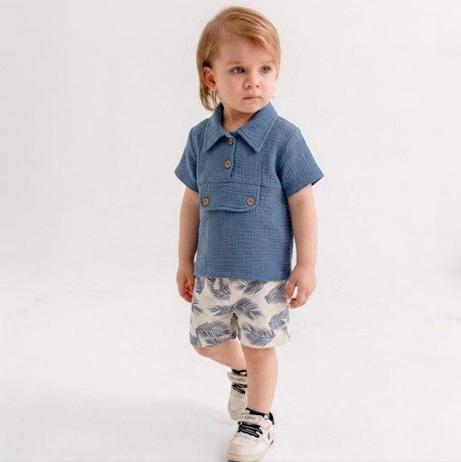 “Seaside Breeze” Baby Summer Set – Textured Shirt & Leaf Shorts