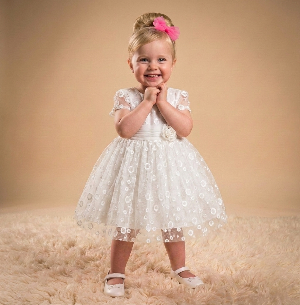 “Petal Grace” Baby Dress – Embroidered Lace & Floral Detail