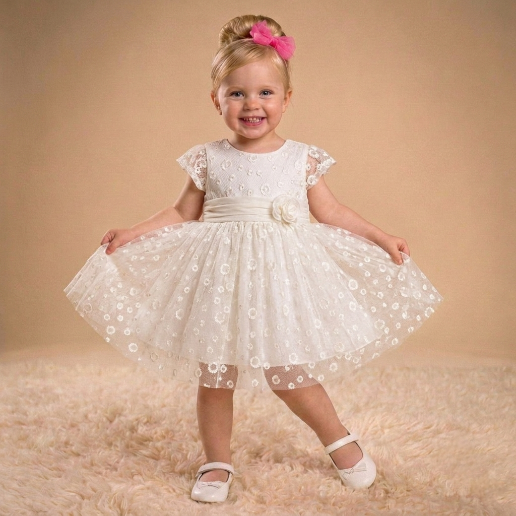 Petal Grace” Baby Dress – Embroidered Lace & Floral Detail – Liora Bebe