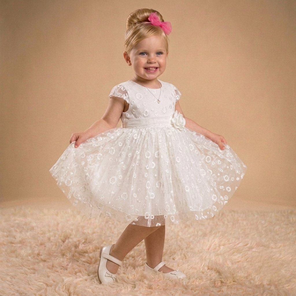 “Petal Grace” Baby Dress – Embroidered Lace & Floral Detail