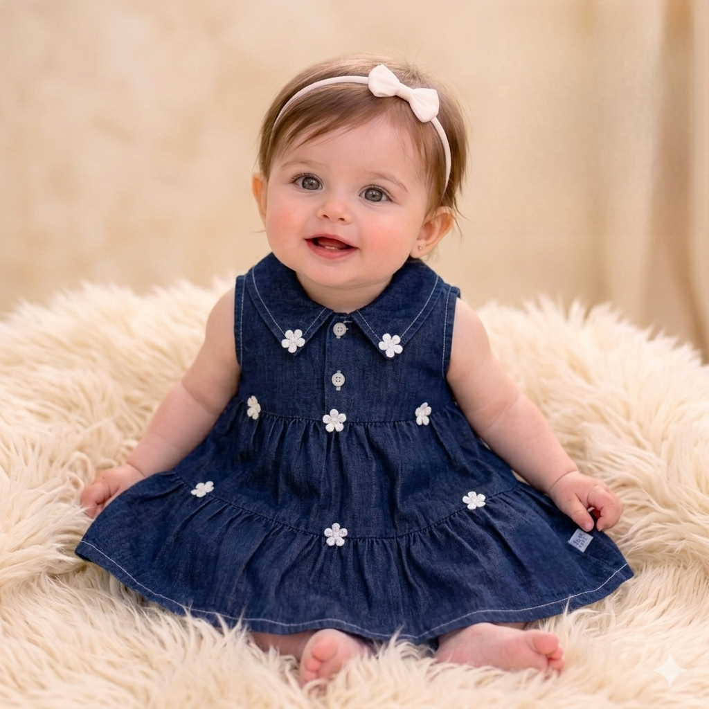 “Meadow Heart” Baby Denim Dress – Tiered Skirt & Floral Detail