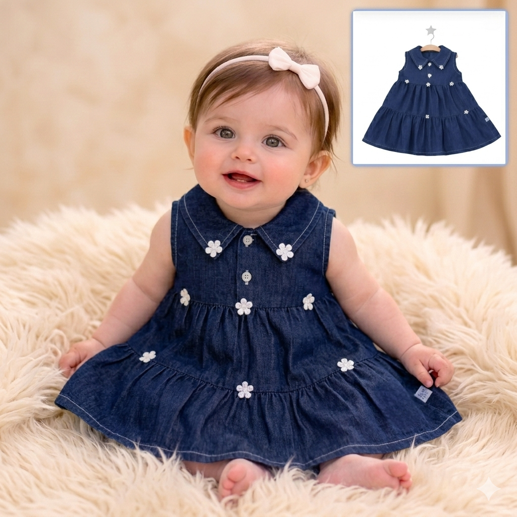 “Meadow Heart” Baby Denim Dress – Tiered Skirt & Floral Detail