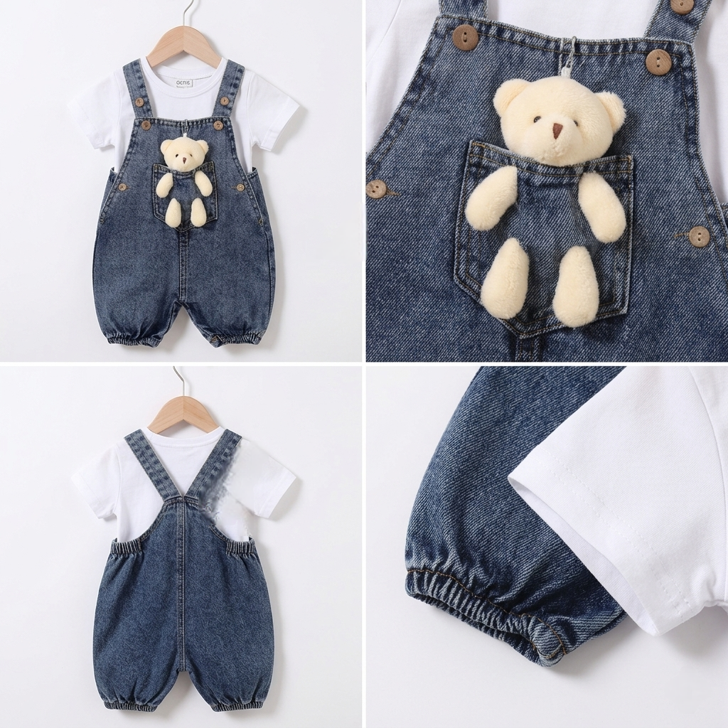 “Bear Tales” Baby Overall Set – Denim & Tee with Plush Friend