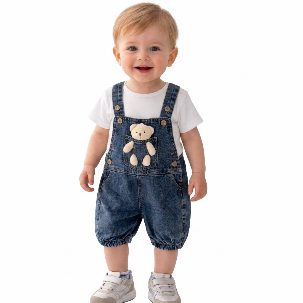 “Bear Tales” Baby Overall Set – Denim & Tee with Plush Friend