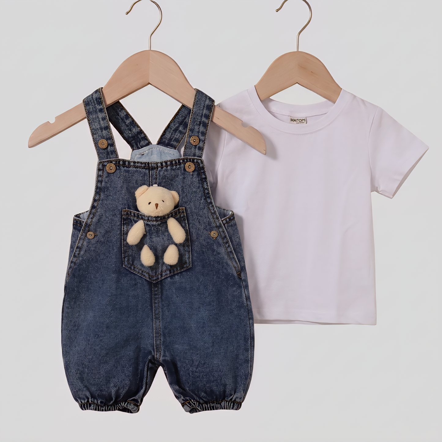 “Bear Tales” Baby Overall Set – Denim & Tee with Plush Friend