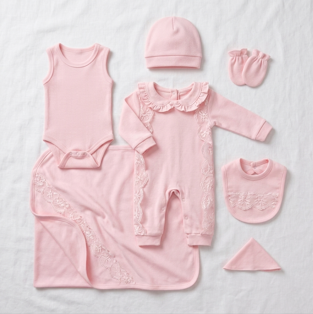 Pink Newborn Girls Outfit 7 Pcs Set – Lace Romper, Hat & Blanket