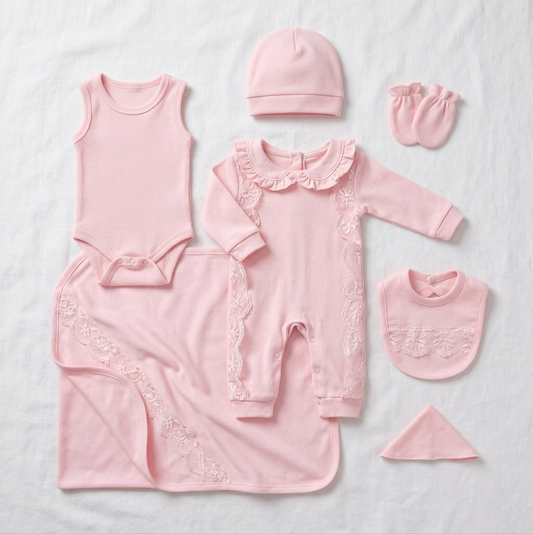 Pink Newborn Girls Outfit 7 Pcs Set – Lace Romper, Hat & Blanket