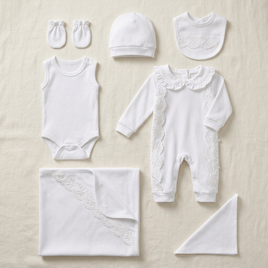 White Newborn Girls Outfit 7 Pcs Set – Lace Romper, Hat & Blanket