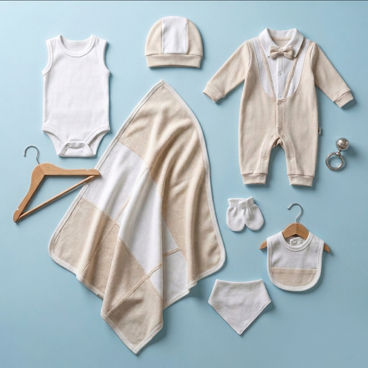 Cream Newborn Outfit 7 Pcs Set – Romper, Hat & Blanket