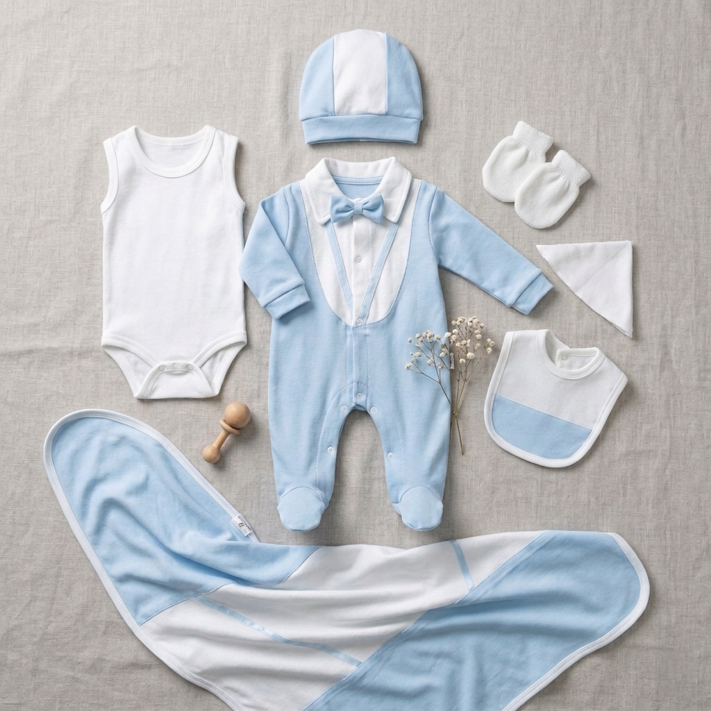 Light Blue Newborn Outfit 7 Pcs Set – Romper, Hat & Blank