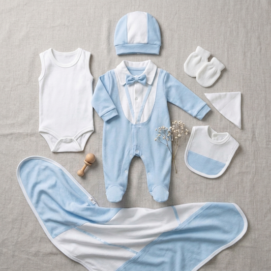 Light Blue Newborn Outfit 7 Pcs Set – Romper, Hat & Blank
